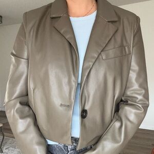Avec Les Filles Olive Green Faux Leather Blazer Jacket